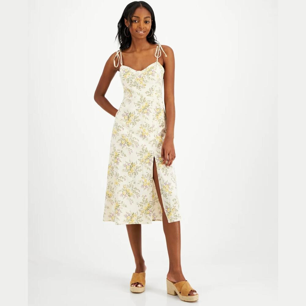 Lucky Brand Women Ivory Floral Cotton/Linen Boho Corset Midi Dress Size XL